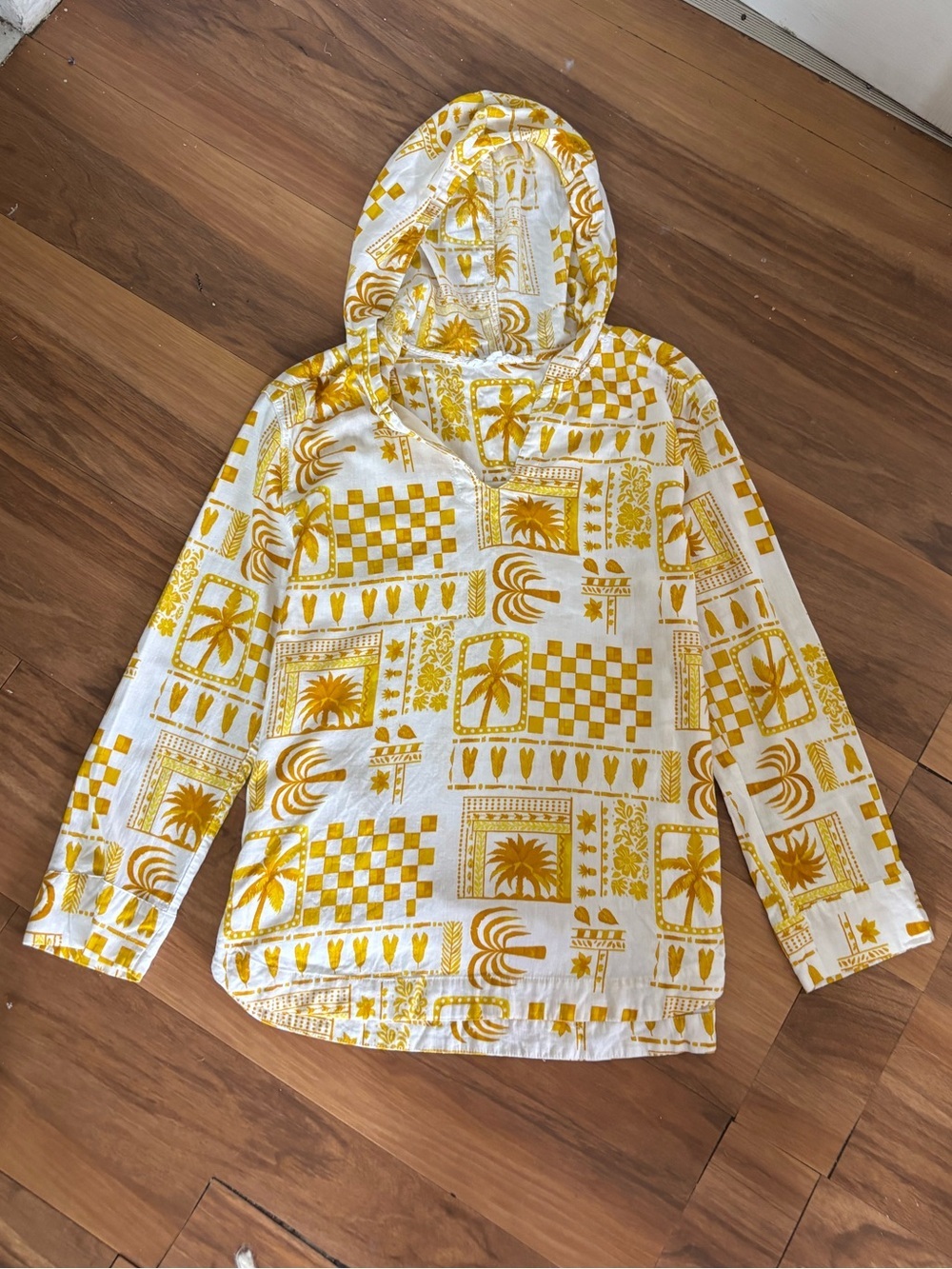 Jane + Delancey Yellow Tropical Palm Print Linen Blend Hoodie Top Small